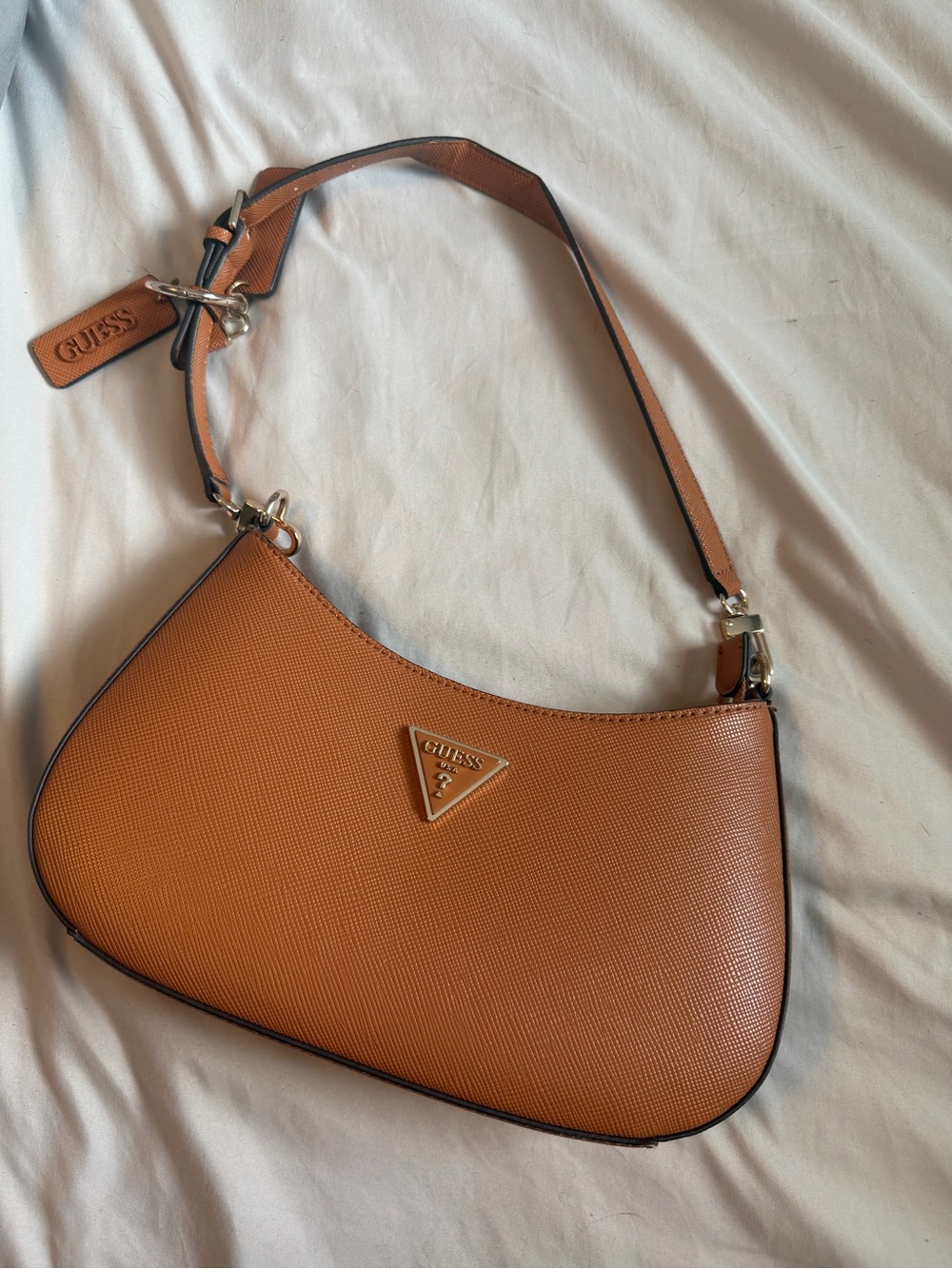GUESS Tan Shoulder Bag with Gold Logo Accent
